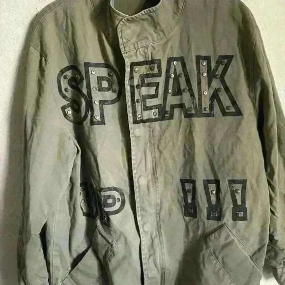 Zara Military Speak Up Trench Motor Biker Graphic Bird Olive Green Jacket XS - Picture 5 of 15